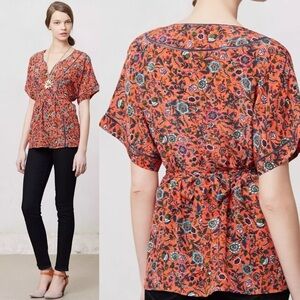 Anthropologie Maeve Silk Kimono Top Blouse Shirt Ditsy Floral V Neck Orange Sz S